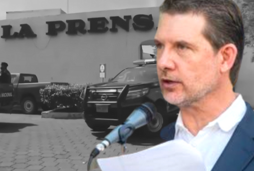 Journalist Juan Lorenzo Holmann Chamorro, publisher of the Nicaraguan newspaper La Prensa with a background of the newspaper's building facade.