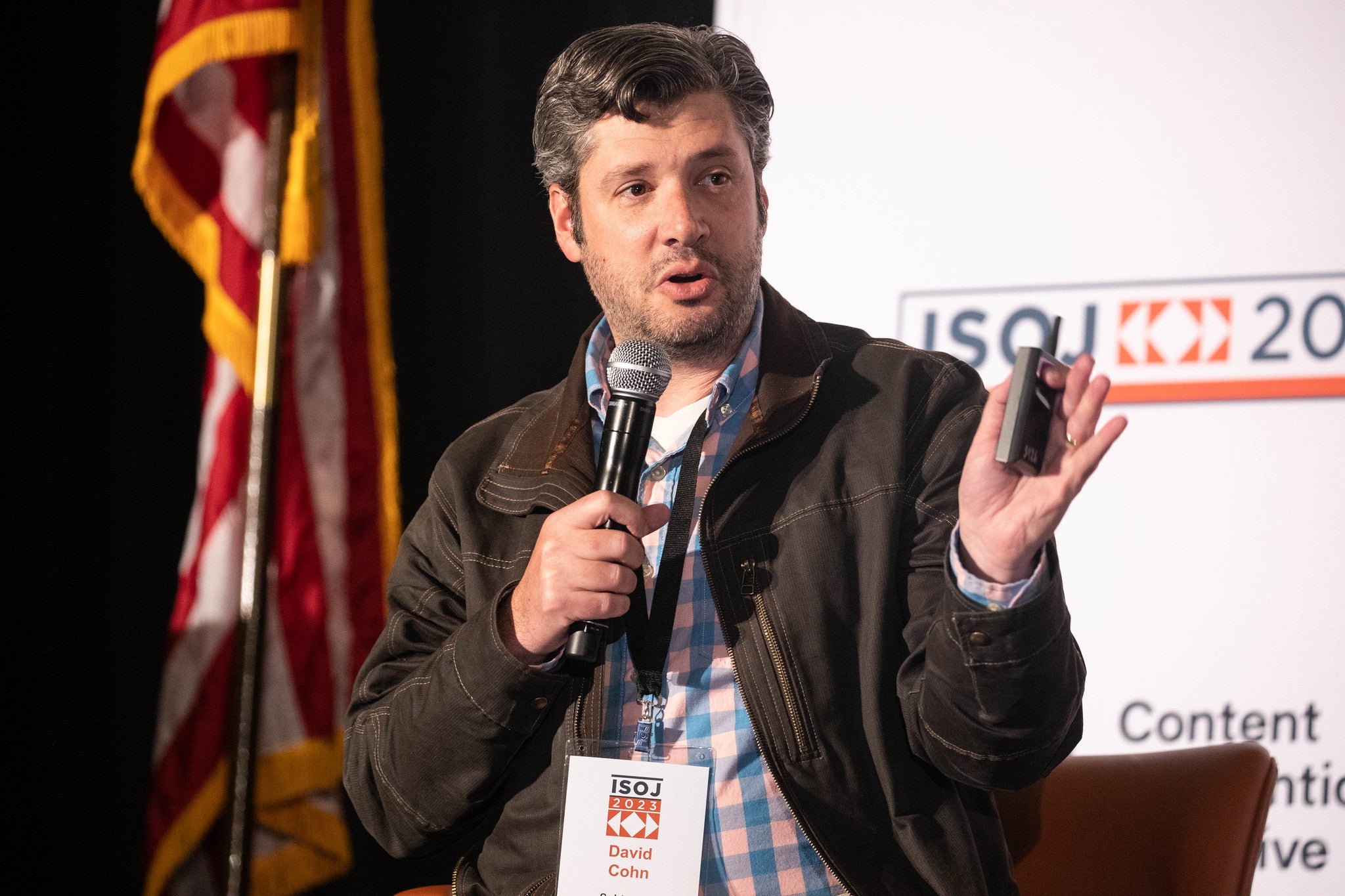 Journalist David Cohn speaks at ISOJ conference 2023.