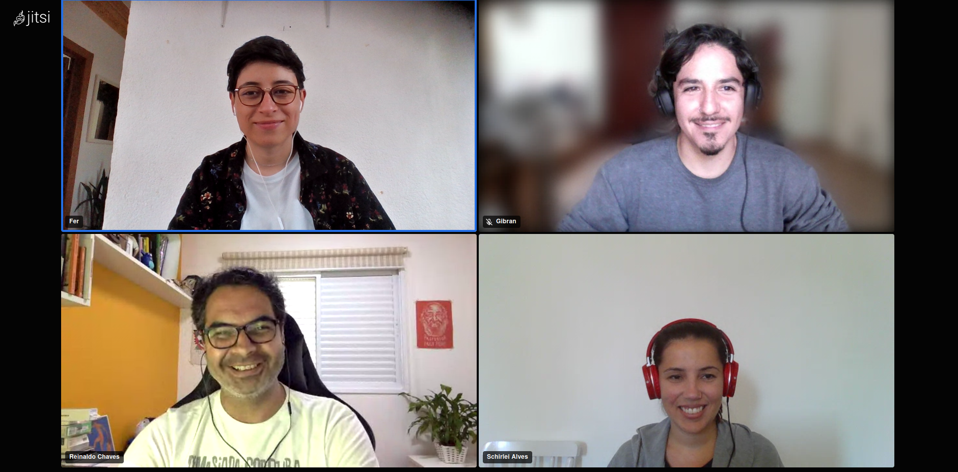 Fernanda Aguirre and Gibrán Mena, from Mexico's Data Critica; and Reinaldo Chaves and Schirlei Alves, from Brazil's Abraji, speak during an online conference.