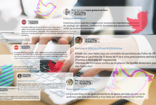 Illustration depicting hate speech tweets over with a background of a pair of hands typing on a laptop computer.