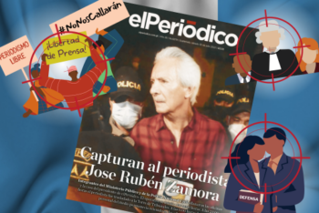 collage with news items showing Ruben Zamora from Guatemala with white hair and other illustrations of censorship