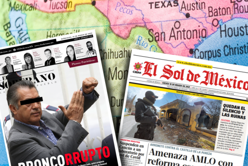 Cover pages of newspapers from the North of Mexico with a map of the U.S.-Mexico border as a background.