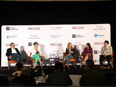 panel “The local news movement: Philanthropic investments to networks and tools to create sustainable model. From left to right: Jim Brady, Vice President of Journalism at the Knight Foundation; Erin Millar, cofounder and CE of Indiegraf; Mary Walter-Brown Founder and CEO, News Revenue Hub; Alana Rocha, Rural News Network editor at the Institute for Nonprofit News (INN); Michael Ouimette, American Journalism Project