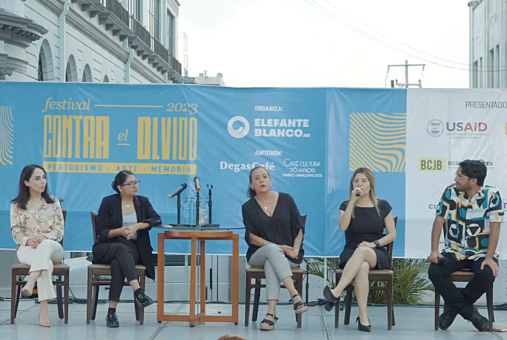 Mexican journalists Shalma Castillo, Ana Victoria Félix, Melva Frutos and Priscila Cárdenas speak during a panel in Tampico, Mexico.