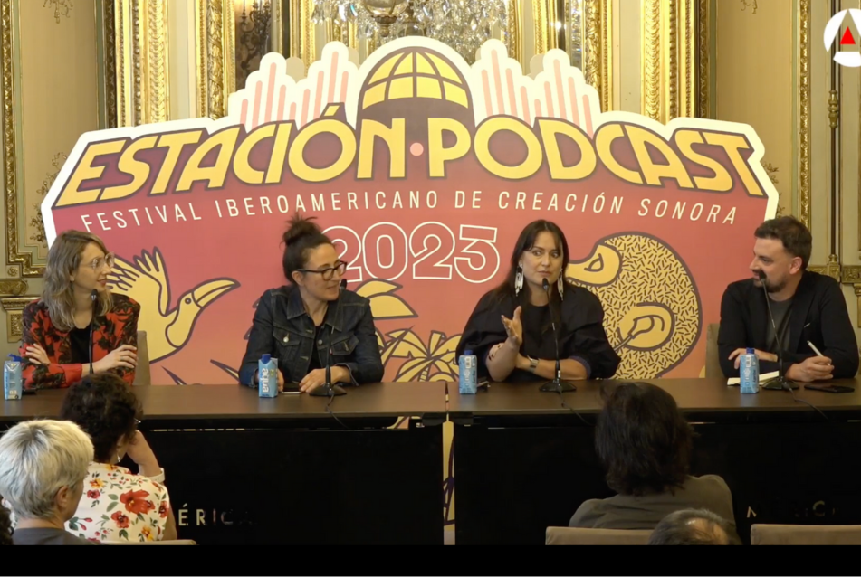 Podcasters Flavia Campeis, Ana Tudela, Carolina Guerrero and Daniel Wizenberg speak at the Estacion Podcast festival, in Madrid.