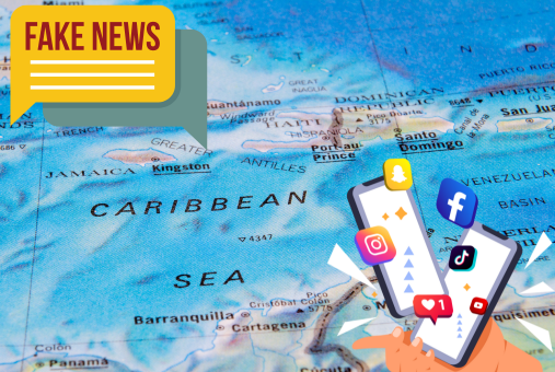 Map of the Caribbean with graphics depicting disinformation online.