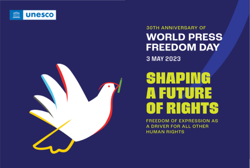 Dove flying and text that says World Press Freedom Day 2023