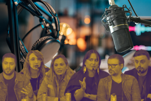 Silhouettes of podcasters Diego Barraza, Flavia Campeis, Paulina Herrera, Carolina Guerrero, Olallo Rubio and Daniel Wizenberg in front of a background of an audio production image.