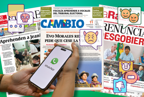 A pair of hands holding a smartphone with the WhatsApp application open, with a background of Bolivian newspaper covers.