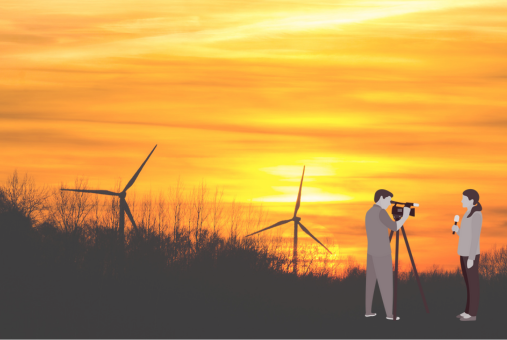 landscape with windmills and journalists