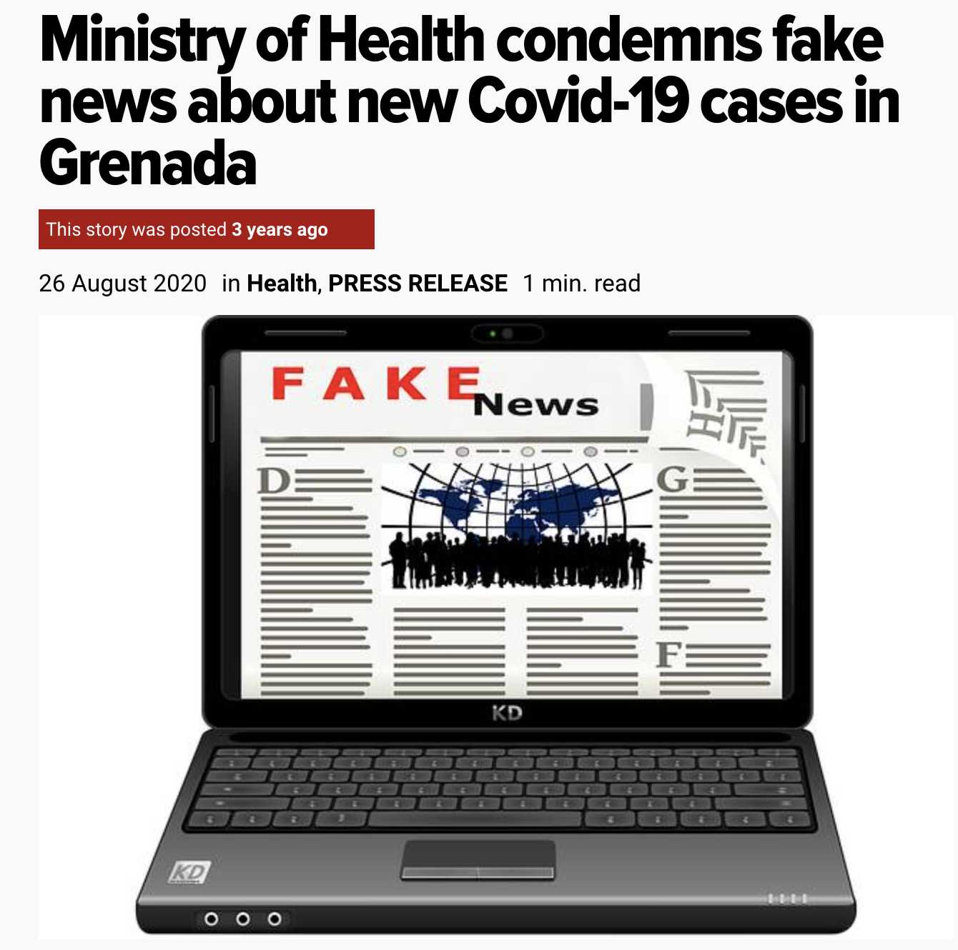 Screenshot of an NowGrenada news site article about fake news.