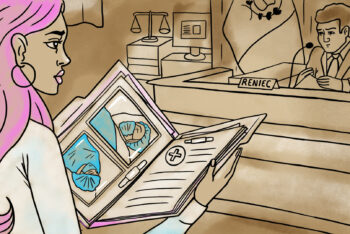 Illustration of a woman with pink hair looking at a photo album, in a courthouse