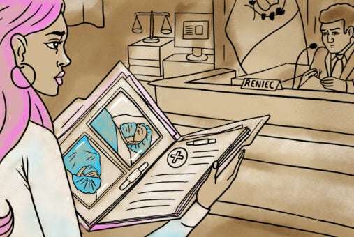 Illustration of a woman with pink hair looking at a photo album,