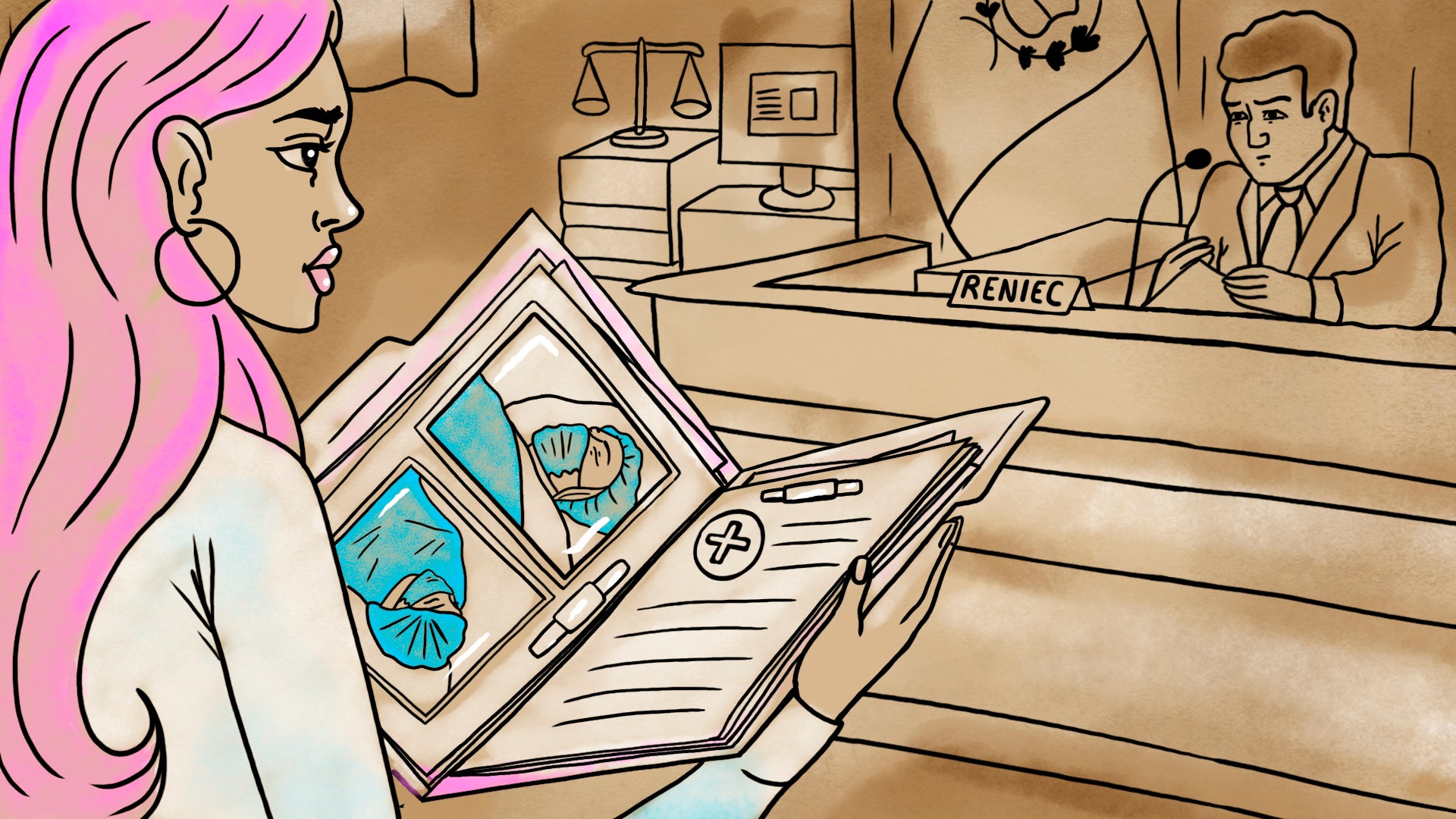 Illustration of a woman with pink hair looking at a photo album, in a courthouse