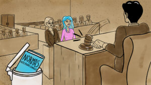 Ilustración de una mujer con cabello azul y blusa rosada quien sostiene la mano de otra mujer vestida de traje formal frente a un juez hombre quien sostiene martilla su escritorio