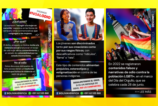 Examples of graphic pieces that are distributed on WhatsApp as part of the fact-checking initiative "Repartiendo Verdades" (Spreading Truths), by fact-checking organization Bolivia Verifica.