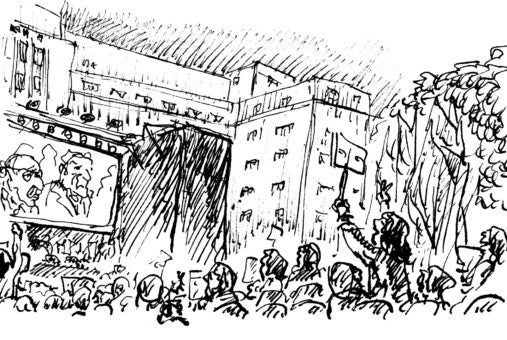 Drawing of a building and people outside, protesting