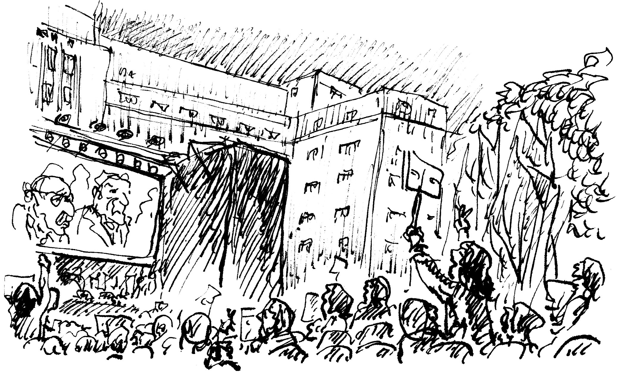 Drawing of a building and people outside, protesting