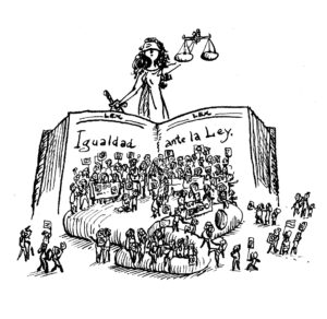 Drawing of Lady Justice holding a scale, sitting atop a book and people coming out of the book