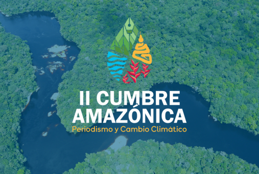 Image of the Amazon river seen from above with the logo of the II Amazon Summit on Journalism and Climate Change in the middle.