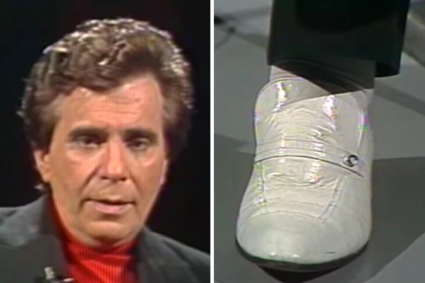 Imagen dividida en dos cuadros: una se ve el rostro de un hombre con traje gris, y en el segundo se ve su zapato blanco