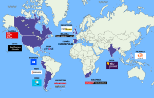 Mapa mundial que resalta en morada los países que participan en la edición global de la Red de Periodismo Humano. De cada país aparece el logo de los medios participantes