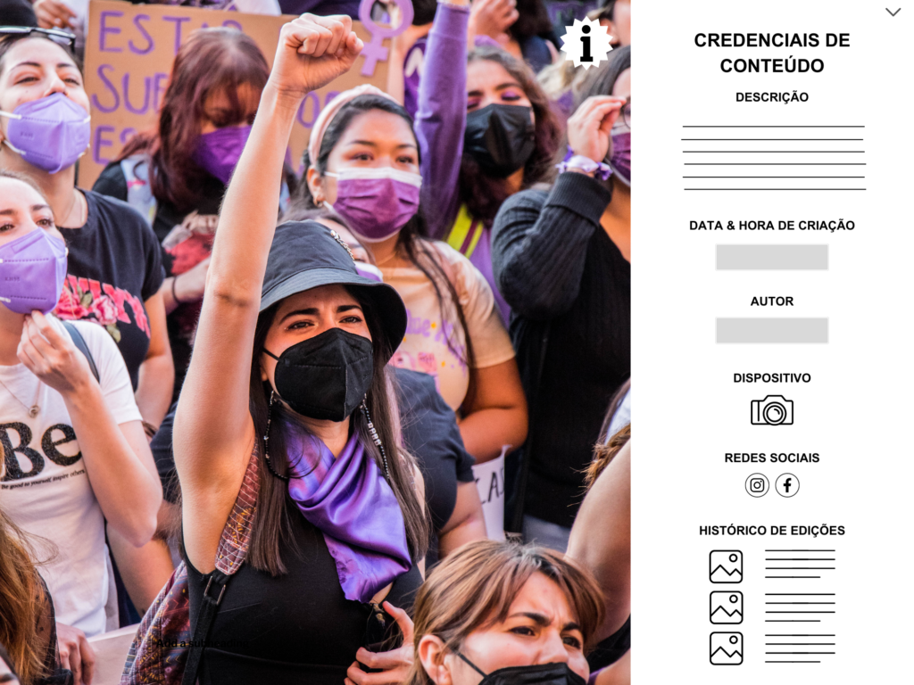 Image of women wearing face masks during a public demonstration, next to a column showing metadata of the photo on the right side.