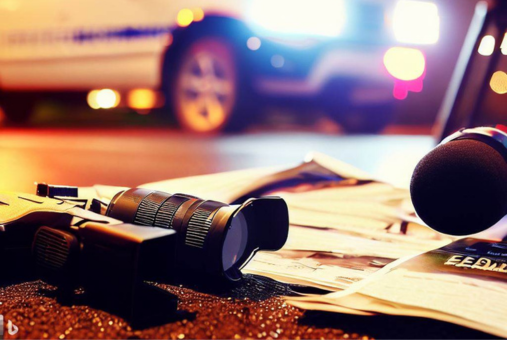 A camera, a newspaper and a microphone lay on the floor with a crime scene in the background.