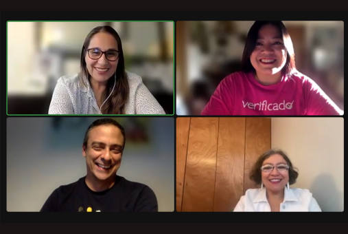 Journalists Mariana Alvarado, Daniela Mendoza, Edgar Zamora and María Teresa Juárez speak during a webinar.