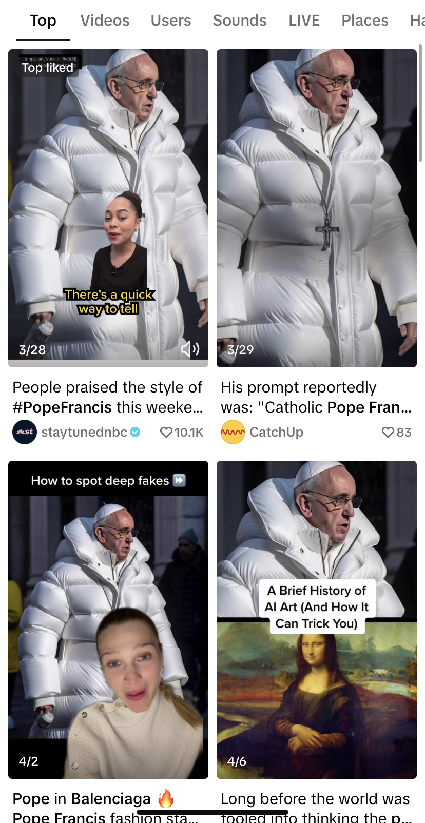 TikTok feed showing several videos talking about the controversy of Pope Francis deepfake.