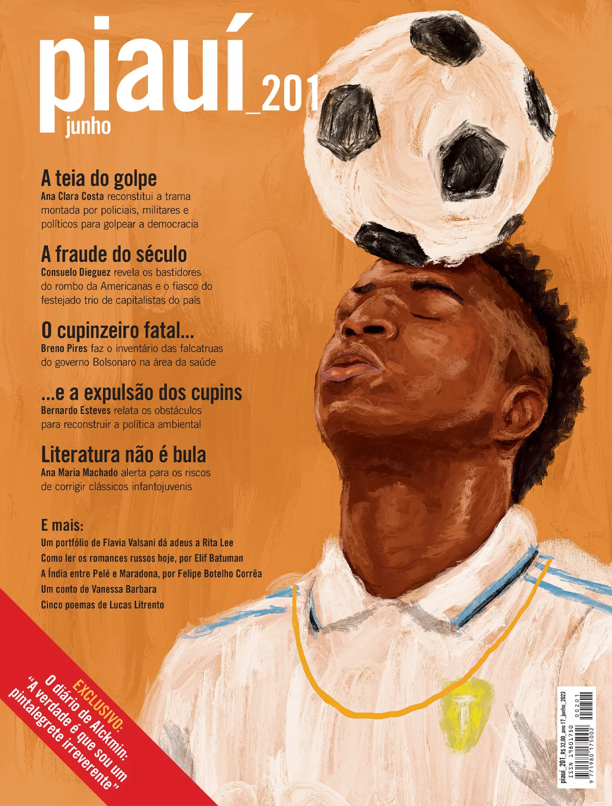 The cover of a magazine with soccer playber Vini Jr. holding a ball on his head