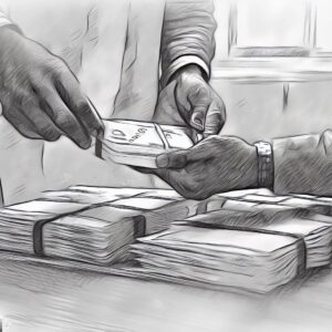 Sketch of a man handing wads of banknotes to another man.