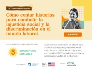 Text in Spanish about a workshop on a yellow background with the photo of a woman top right, bottom of ad is in white and has some lettering, too