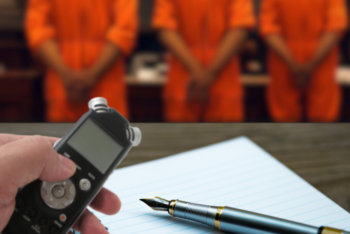 The hand of a reporter holding a voice recorder next to a reporter notebook and a pen, with three defendants in a trail in the background.