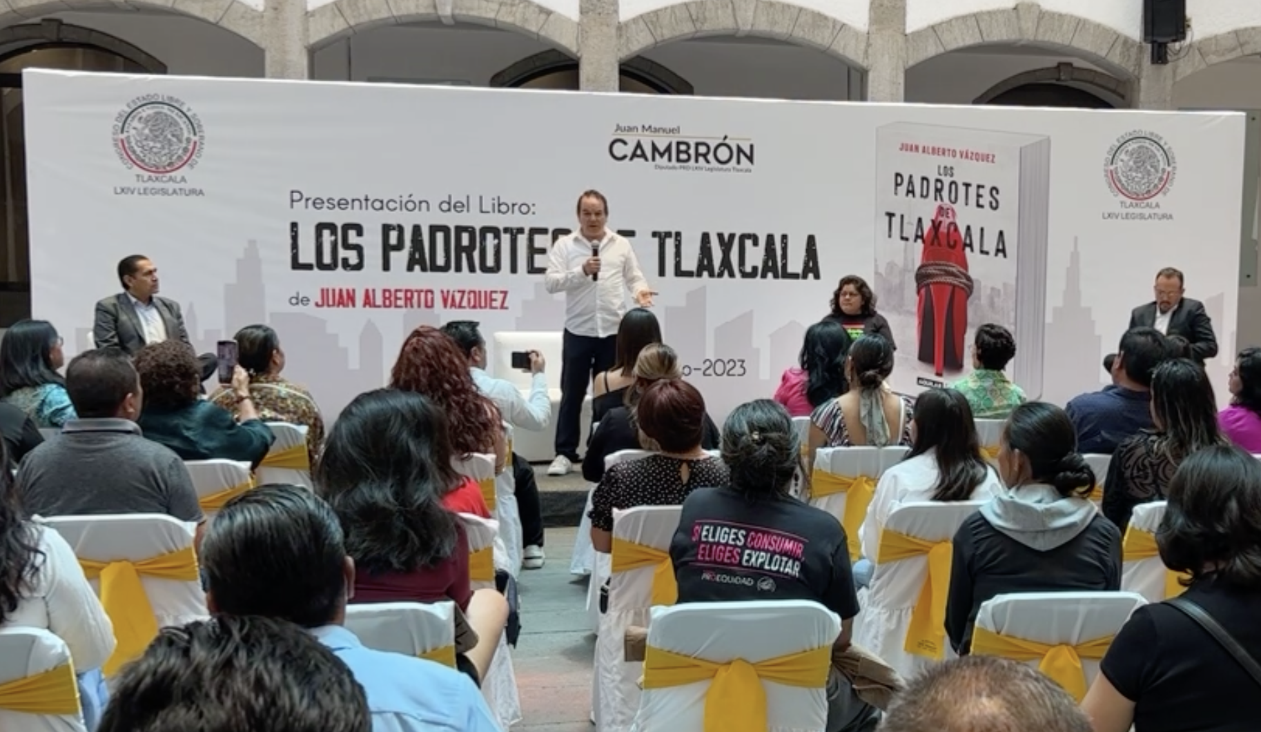 Mexican journalist Juan Alberto Vázquez talks during the presentation of his book "Los Padrotes de Tlaxcala" in the Tlaxcala state Congress, in Mexico.