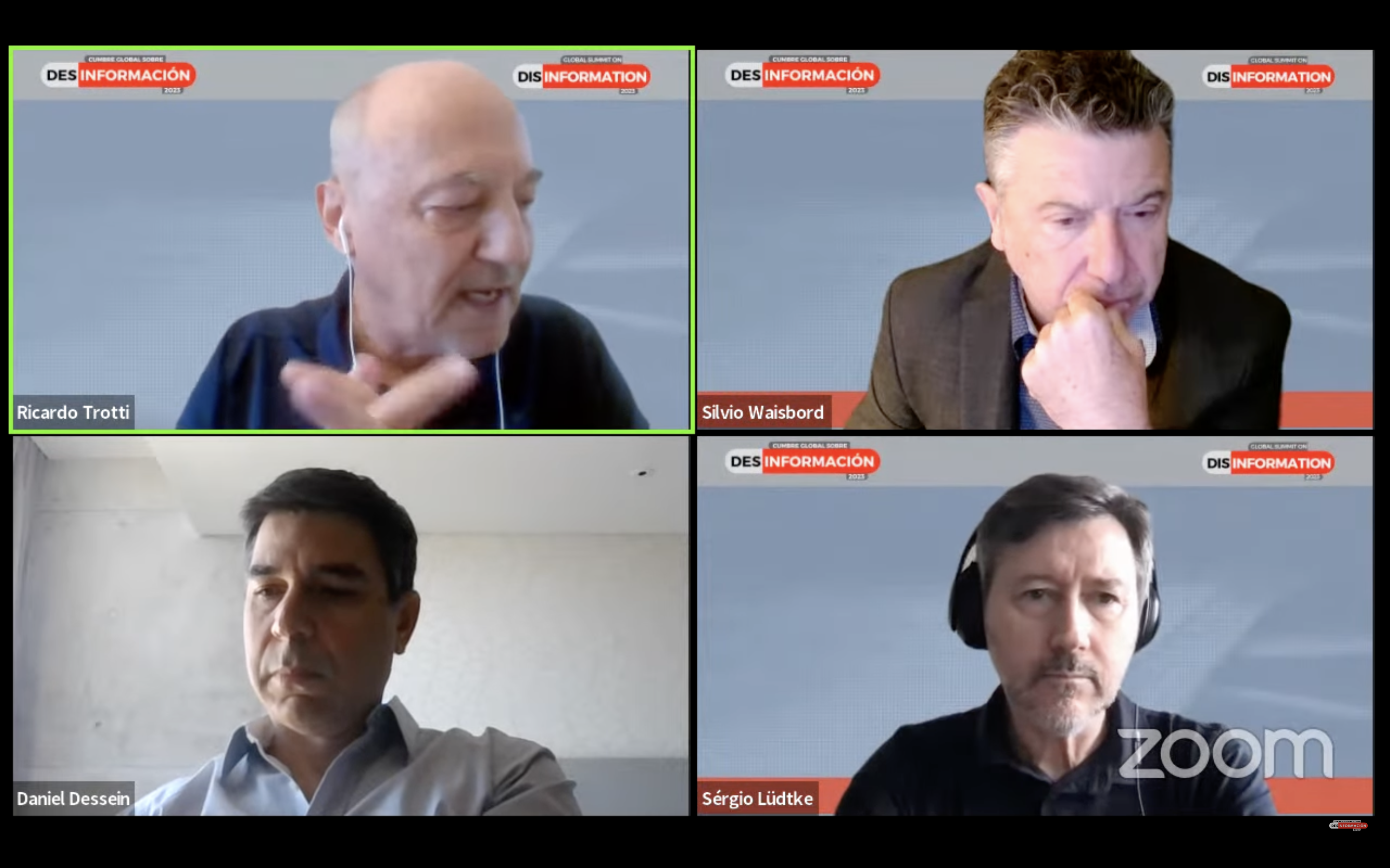 Journalists Ricardo Trotti, Silvio Waisbord, Daniel Dessein and Sergio Ludtke speak during a video conference.