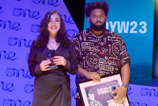 Mexican journalist Laura Sánchez Ley and Cuban journalist Abraham Jiménez Enoa pose after receiving an award in Belfast, Northern Ireland.