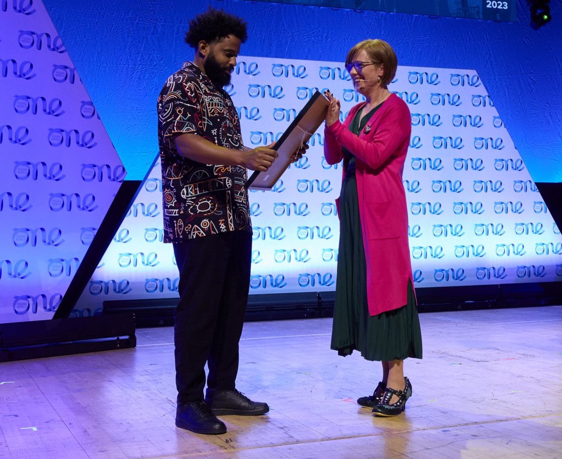 Cuban journalist Abraham Jiménez Enoa receives the Lyra McKee Award to Bravery at the One Young World Summit 2023, in Belfast, Northern Ireland.