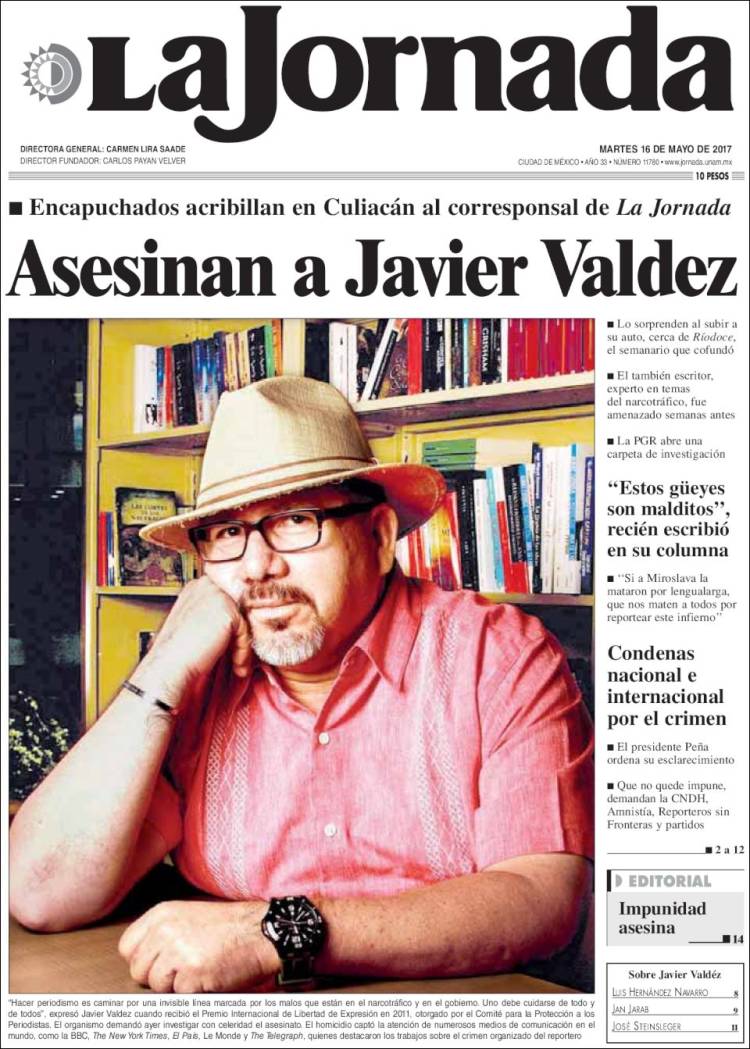 Cover of La Jornada newspaper featuring the news of the murder of Mexican journalist Javier Valdez