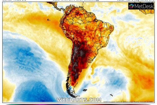 Mapa climático da América do Sul mostrando calor anômalo com temperaturas de até 38 graus Celsius nos Andes durante o inverno, cores avermelhadas e pretas indicam as zonas mais quentes