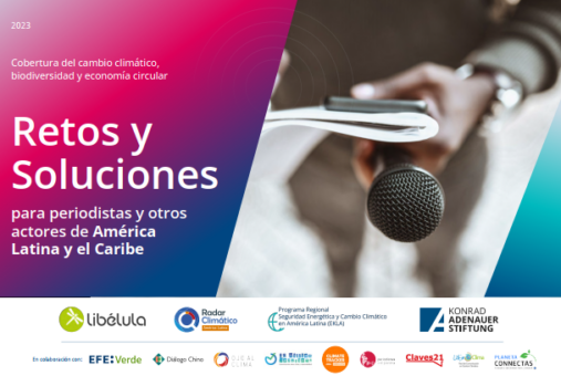 Cover of the report 'Coverage of climate change, biodiversity and the circular economy: challenges and solutions for journalists and other actors in Latin America and the Caribbean' with a pinkish backdrop, featuring a woman's hand holding a microphone on the left, followed by the title, with sponsors listed below