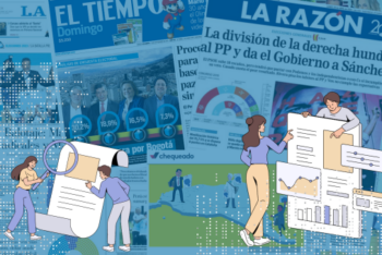 Illustration depicting data journalism with a background of covers of Latin American newspapers.