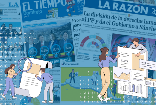 Illustration depicting data journalism with a background of covers of Latin American newspapers.