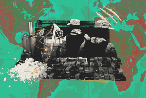 Photo collage showing police officers and cocaine packages on a world map