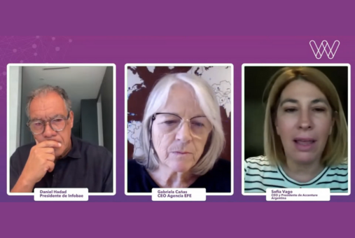 screenshot of an online seminar with one white man and two white women talking