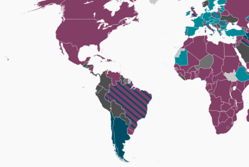 A world map displaying various countries in different colors, indicating the presence of legislation bills against disinformation