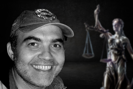 a montage with a photo of pedro palma and a photo of a lady justice statue in black and white over a black background