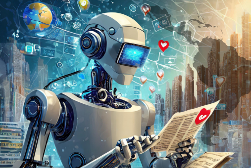 Illustration depicting a robot reading a newspaper, with a tech-futuristic background