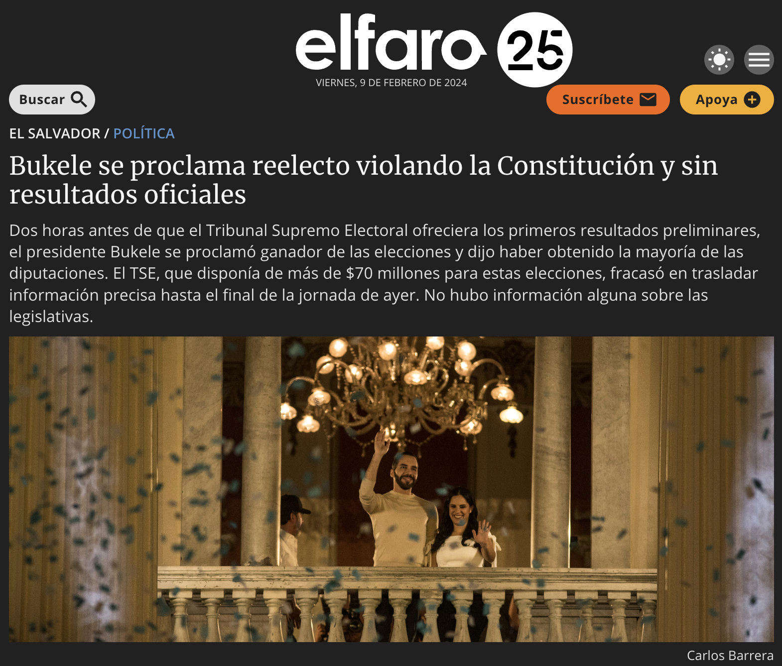 Screenshot of Salvadoran media outlet El Faro's website.