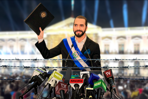 Illustration depicting Salvadoran President Nayib Bukele holding a law book in front of several media microphones and a line of barbed wire, with the Salvadoran Presidential Palace as a background.